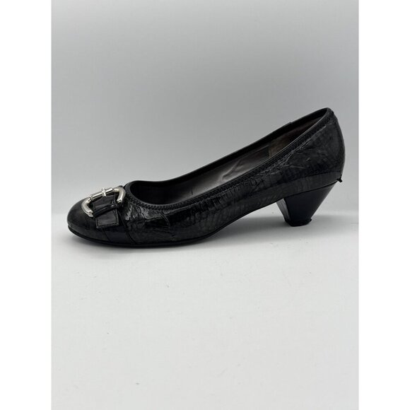 Black Faux Croc Leather Buckle Kitten Heels Size 7W - Picture 5 of 7